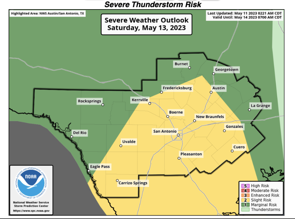 Storms on Saturday could become severe, with the largest threat being hail and damaging winds in parts of Central Texas, according to the National Weather Service.