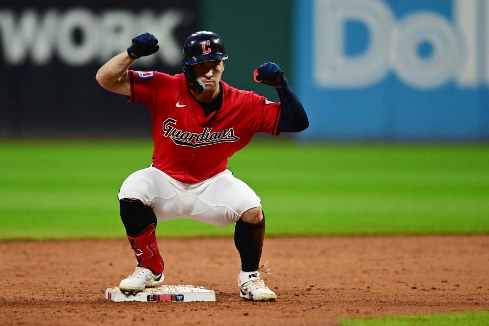 Sep 28, 2024; Cleveland, Ohio, USA; Cleveland Guardians right fielder Will Brennan (17) celebrates after hitting a double during the third inning against the Houston Astros at Progressive Field. Mandatory Credit: Ken Blaze-Imagn Images