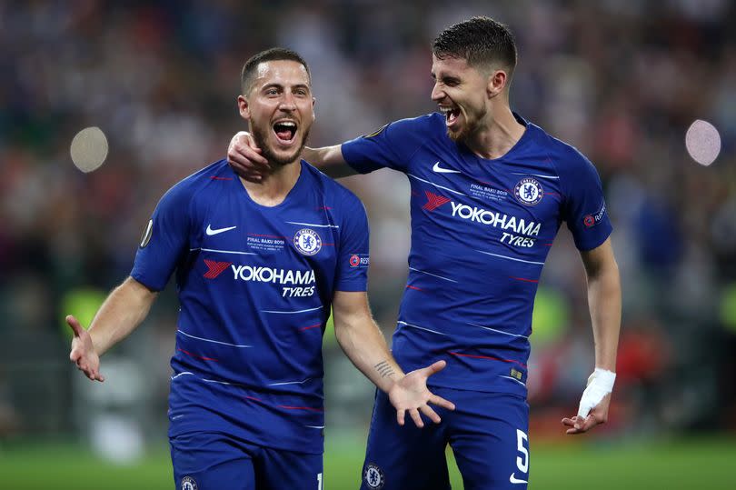 Eden Hazard of Chelsea celebrates after scoring his team's third goal with Jorginho of Chelsea