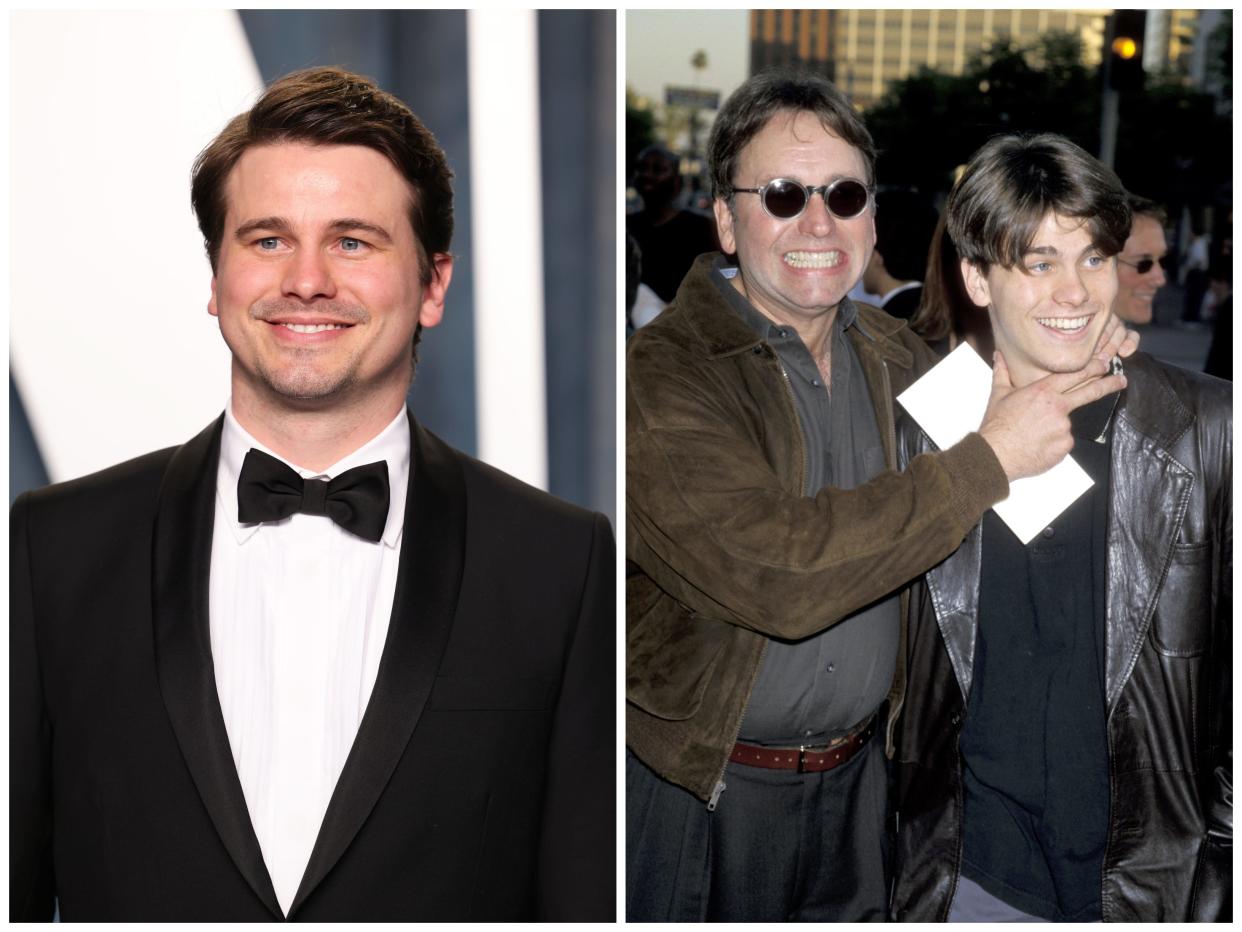 Jason Ritter smiles on the red carpet; John Ritter and Jason Ritter.