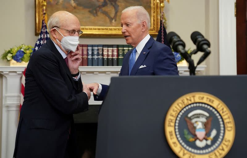 U.S. President Joe Biden and Supreme Court Justice Stephen Breyer discuss Breyer's pending retirement at the White House in Washington