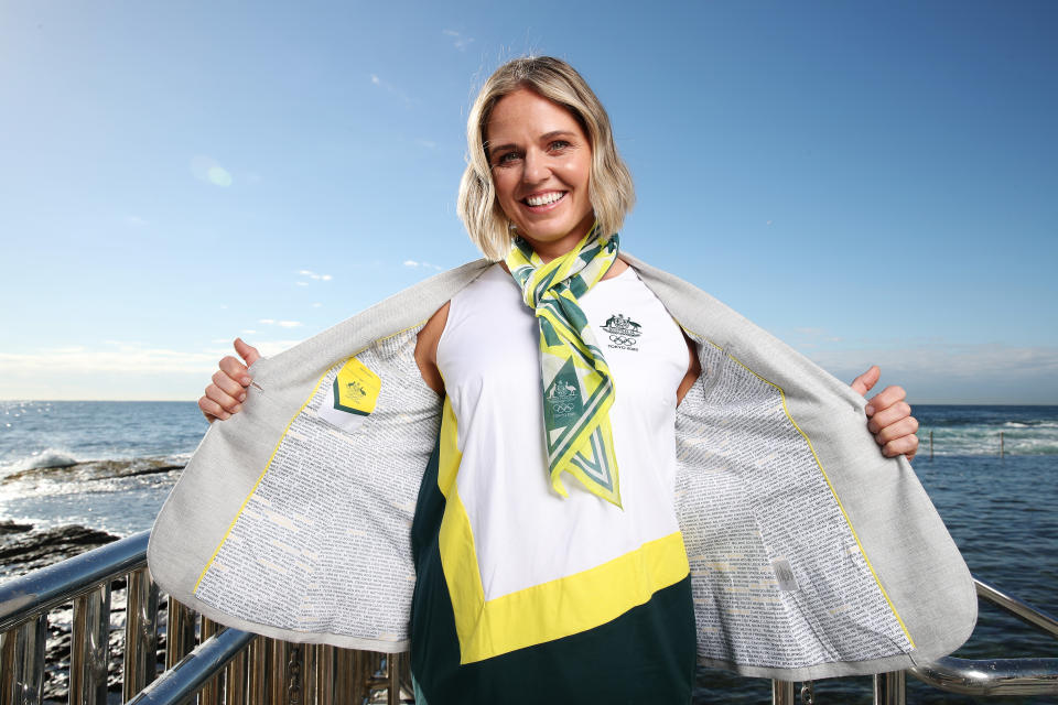 Australian athlete Keesja Gofers poses during the launch of the Australian 2020 Tokyo Olympic Games Opening Ceremony Uniform at Wylie's Baths on May 18, 2021 in Sydney, Australia.