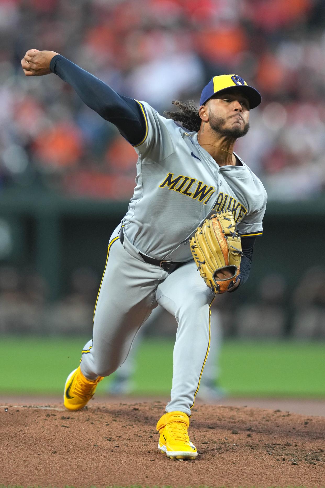 Brewers starting pitcher Freddy Peralta allowed one run on five hits with 11 strikeouts in six innings of work against the Orioles on Friday night at Camden Yards.