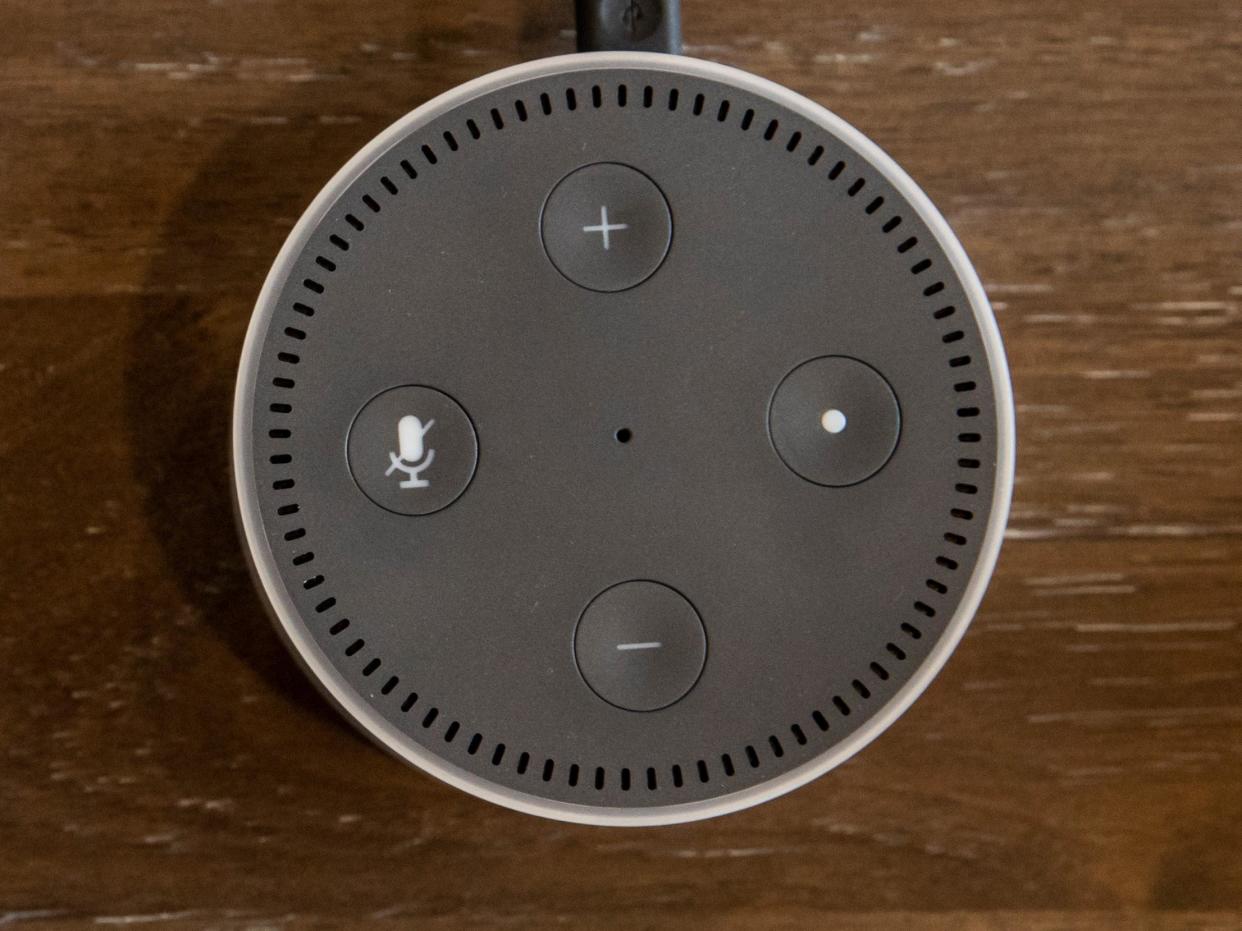 An Alexa-enabled Echo Dot pictured at Amazon Headquarters in Seattle, Washington, on 20 September, 2018: Getty
