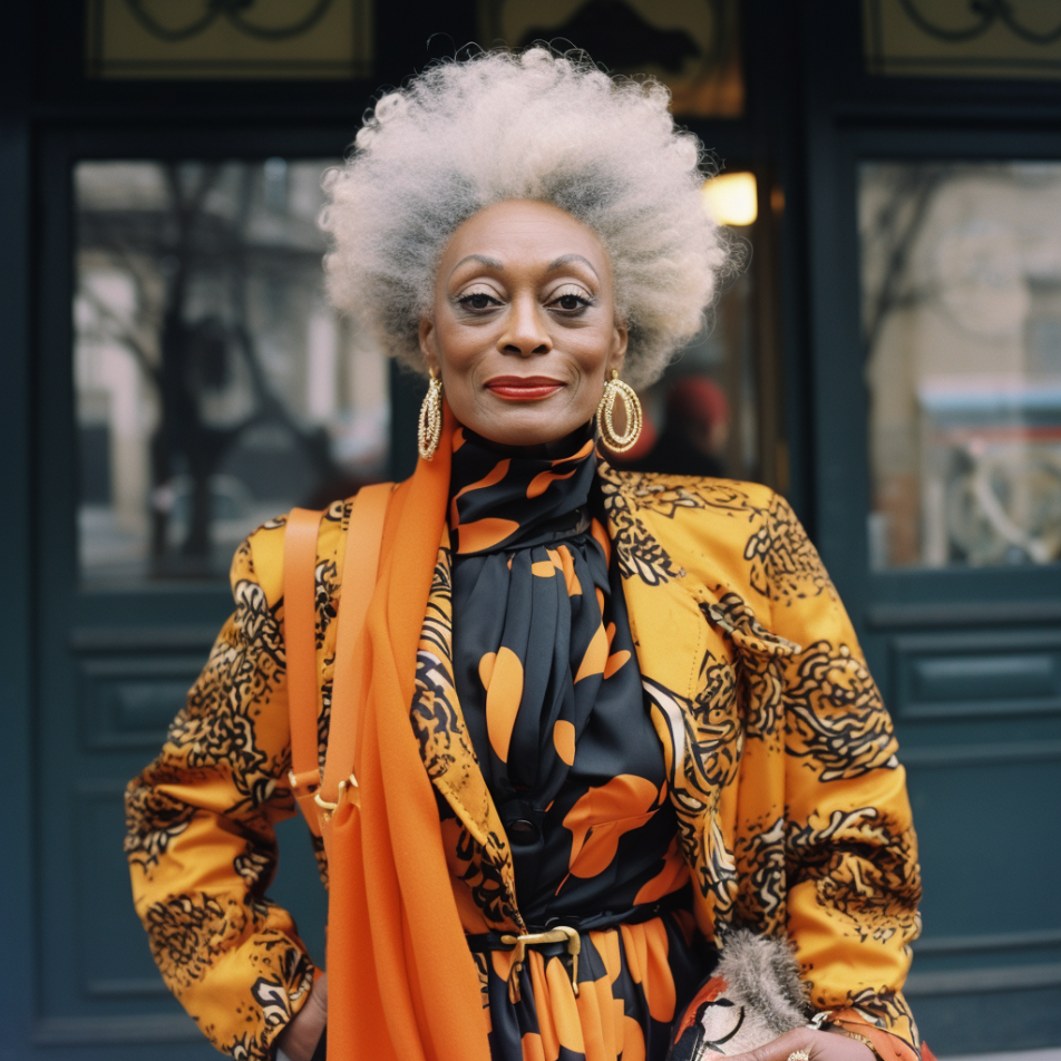 An older woman in a colorful outfit