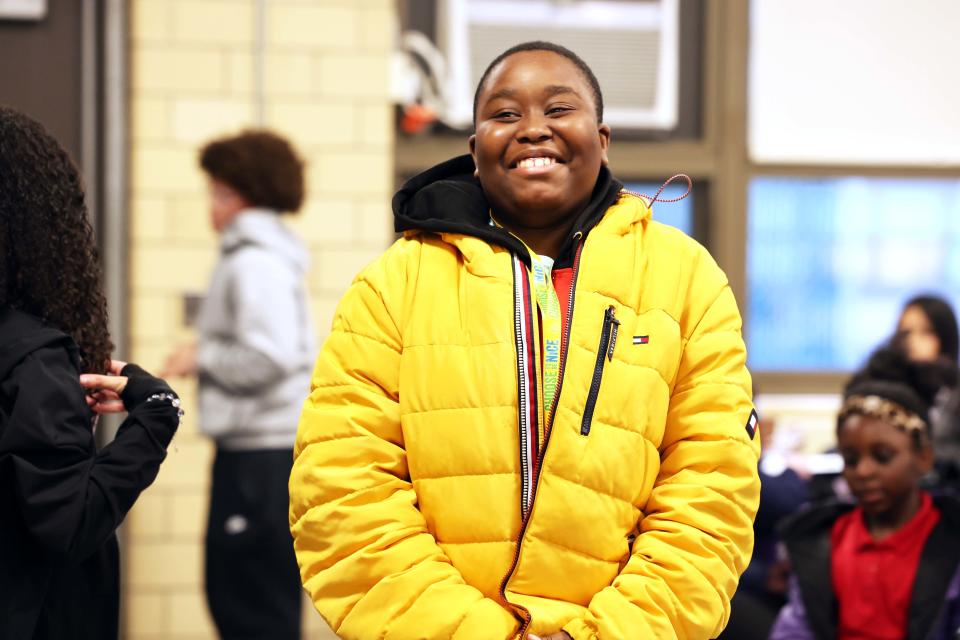 North Middle School 500 Club member Chamilord Noel, 12, is all smiles during a celebration on Tuesday, April 2, 2024. The club recognizes the Brockton middle school's seventh and eighth graders who achieved a score of 500 or more on their MCAS math and English tests.