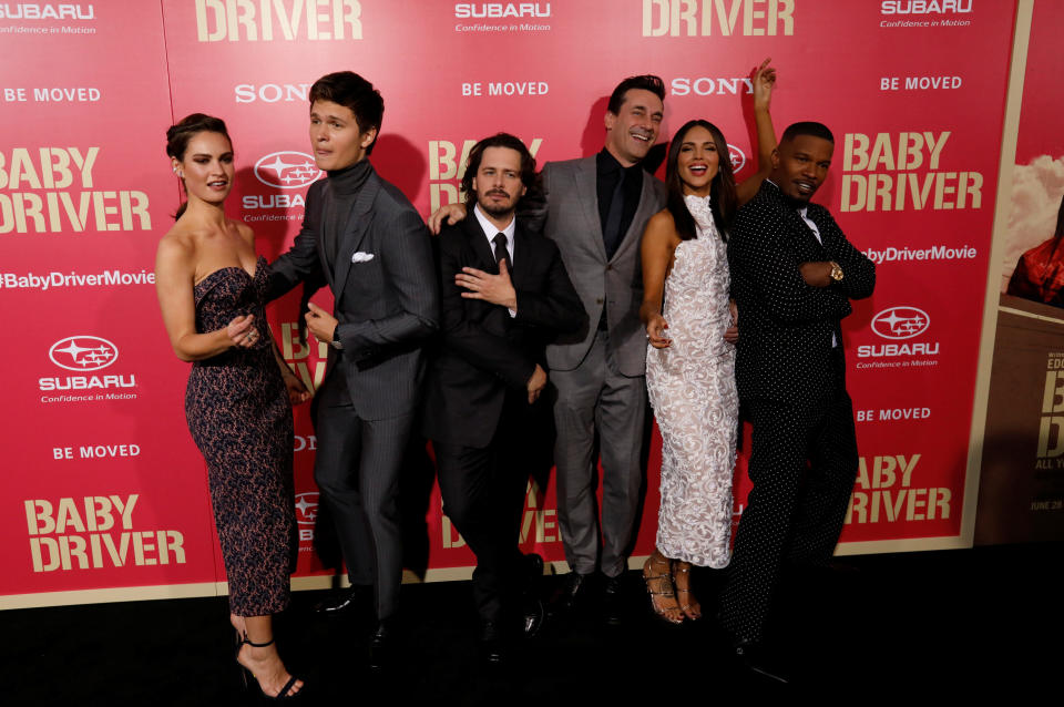 Director of the movie "Baby Driver" Edgar Wright (3rd L) and cast members (L-R) Lily James, Ansel Elgort, Jon Hamm, Eiza Gonzalez and Jamie Foxx pose at the premiere for the movie in Los Angeles, California, U.S., June 14, 2017.   REUTERS/Mario Anzuoni