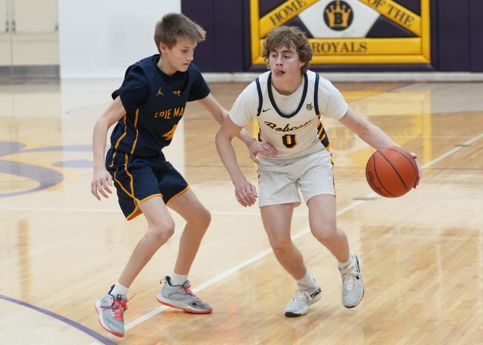 Lincoln Joerin of Whiteford is defended by Erie Mason’s David Sweeney. during Whiteford's 68-62 victory in the semifinals of the Division 3 District at Blissfield Friday night.