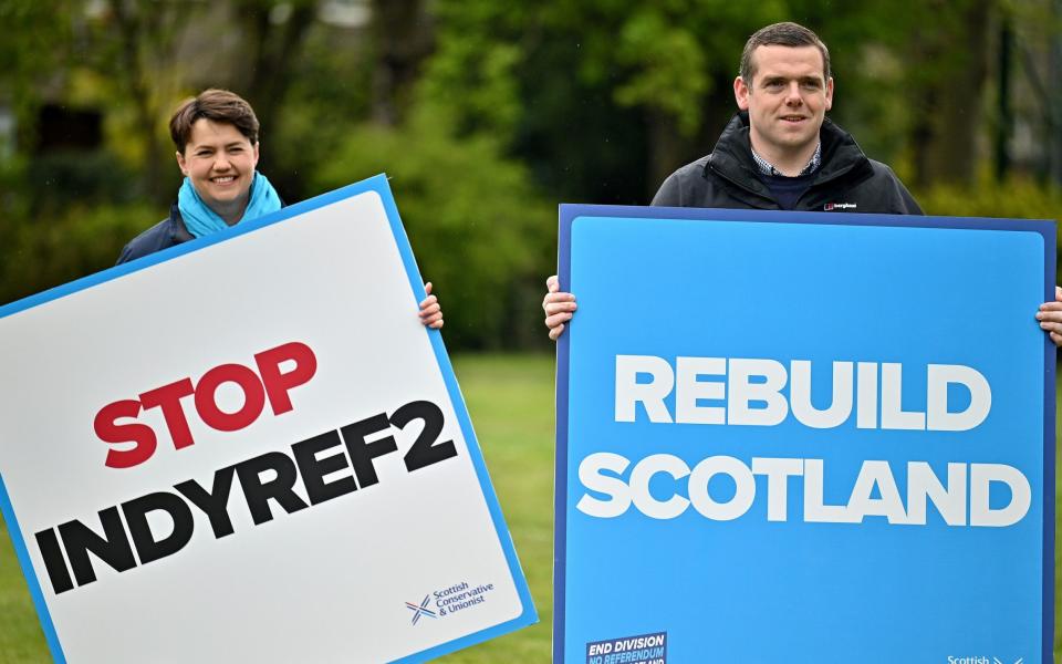 MUSSELBURGH, SCOTLAND - MAY 04: Scottish Conservative party leader Douglas Ross and Former Leader Ruth Davidson campaign during the Scottish Parliament election at Lewisvale Park on May 04, 2021 in Musselburgh, Scotland. Political party leaders were out campaigning in the final two day before voters go to the polls on Thursday in across Scotland.  - Jeff J Mitchell/Getty Images