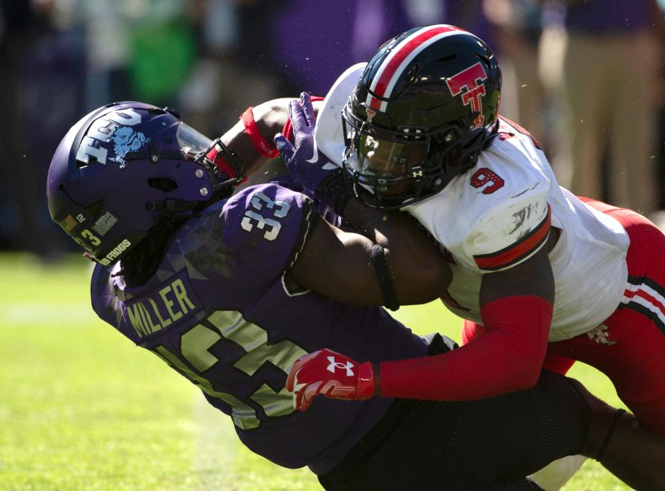 Texas Tech safety Marquis Waters (9) recorded his 10th tackle for loss in the Red Raiders' 43-28 victory Saturday against Kansas. The senior from Delray Beach, Florida, ranks third in the Big 12 in that category.