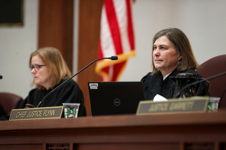 Oregon Supreme Court Chief Justice Meagan Flynn listens to arguments Thursday.