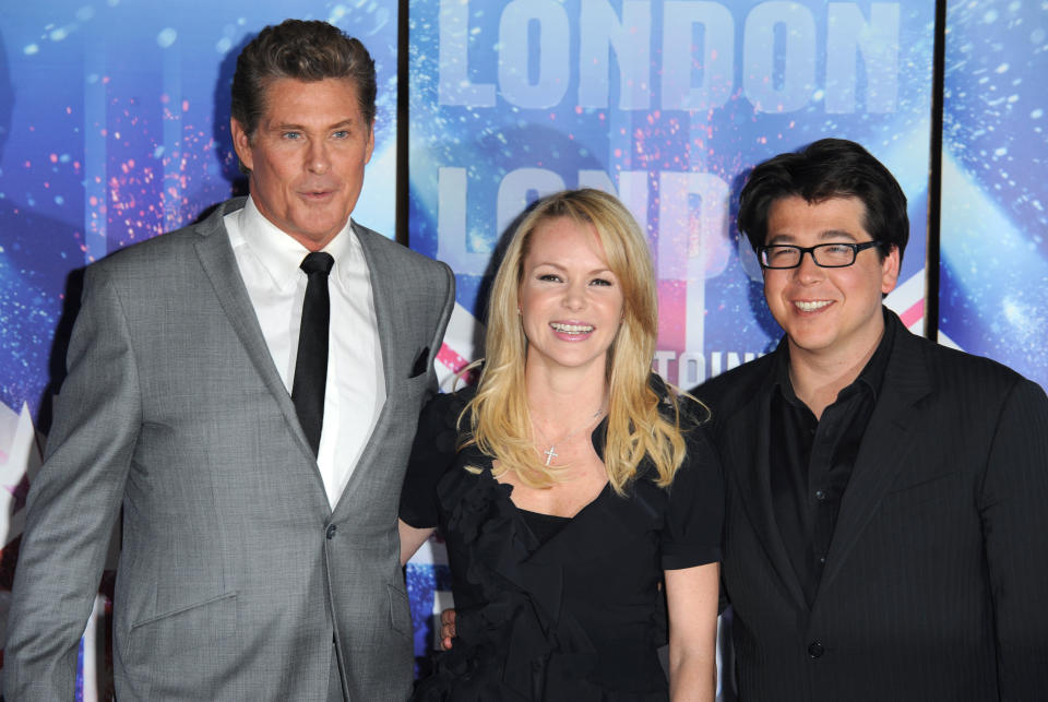 (Left - right) David Hasselhoff, Amanda Holden and Michael McIntyre at a photocall to promote the programme Britain's Got Talent at the Mayfair Hotel, London.