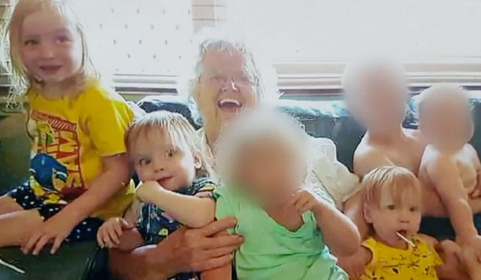 Grandma Beverley Quinn and her grandchildren, Charlotte, 3, two-year-old twins Alice and Beatrix. Source: 7 News
