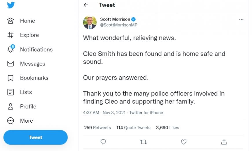 澳洲總理莫里森在推特發文感謝警方。（圖／翻攝莫里森推特）