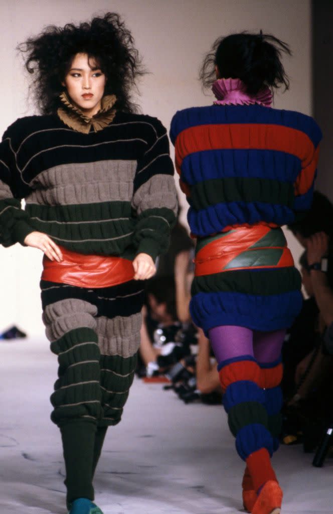 <p>Models strut down the runway at Issey Miyake's fall 1983 ready-to-wear show.</p>