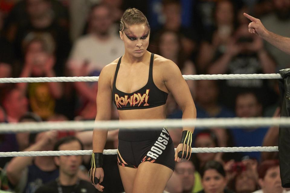 WWE SummerSlam: Ronda Rousey in action during Raw Women's Championship match vs Alexa Bliss at Barclays Center. Brooklyn