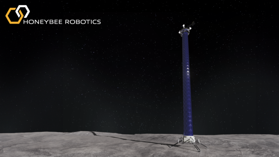 A tall, thin tower rises from the gray, dusty surface of the moon