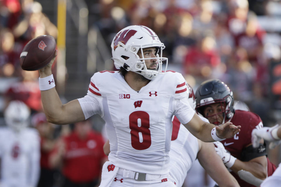 Wisconsin quarterback Tanner Mordecai throws a pass during the first half of an NCAA college football game against Washington State, Saturday, Sept. 9, 2023, in Pullman, Wash. (AP Photo/Young Kwak)