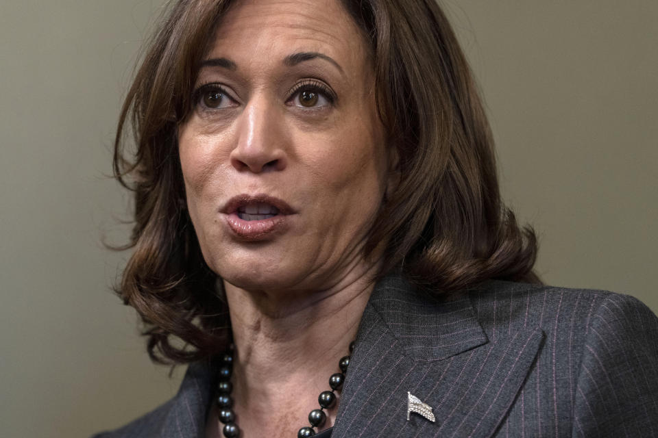 FILE - Vice President Kamala Harris answers a question about her upcoming trip to Africa, after swearing in Eric Garcetti as Ambassador to India, Friday, March 24, 2023, in her ceremonial office in the Eisenhower Executive Office Building on the White House complex in Washington. (AP Photo/Jacquelyn Martin, File)