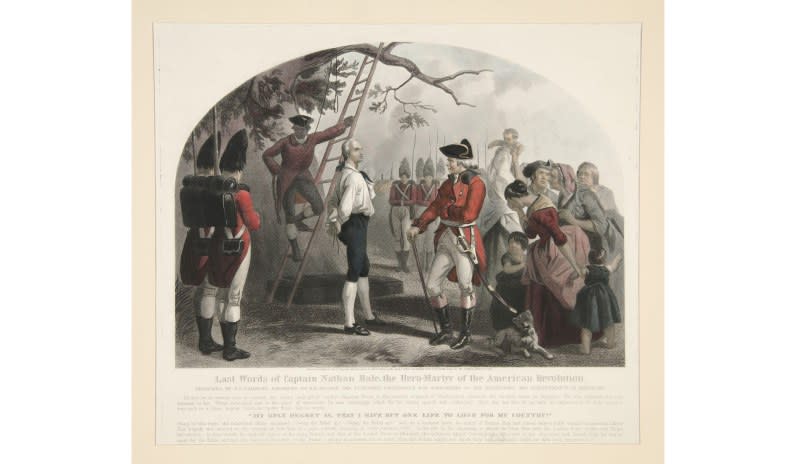 Nathan Hale, Yale class of 1773, goes to his death. Would he even recognize a Yale run by outrage mongers, Babbitts, and the Pronoun People? <br>Pictured: <i>Last Words of Captain Nathan Hale, the Hero-Martyr of the American Revolution</i>, 1858. Engraved by Alexander Hay Ritchie, after Felix O. C. Darley. Stipple engraving.