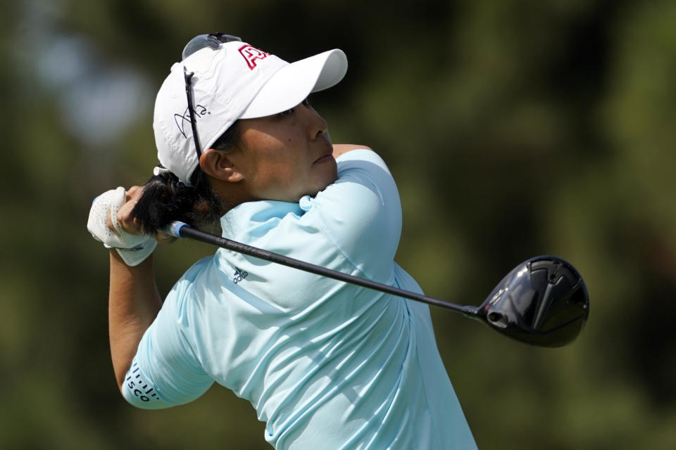 Danielle Kang tees off on the fifth hole during the first round of the MEDIHEAL Championship golf tournament Thursday, Oct. 6, 2022, in Somis, Calif. (AP Photo/Mark J. Terrill)