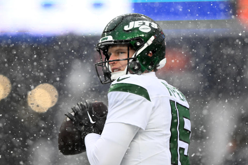 Jan 7, 2024; Foxborough, Massachusetts, USA; New York Jets quarterback Brett Rypien (15) throws the ball before a game against the New England Patriots at Gillette Stadium. Mandatory Credit: Brian Fluharty-USA TODAY Sports
