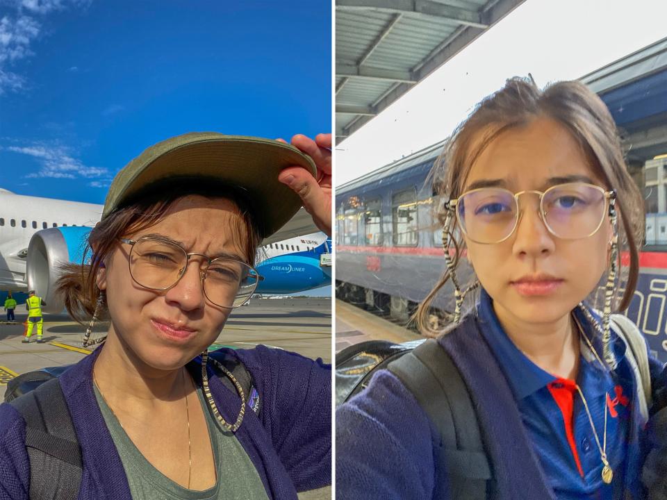 The author feels exhausted after a 7-hour flight (L) and an 11-hour train ride (R).