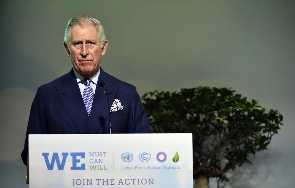 Britain's Prince Charles, The Prince of Wales delivers a speech on Forests as part of the United Nations conference on climate change COP21, on December 1, 2015 at Le Bourget, on the outskirts of the French capital Paris.   More than 150 world leaders are meeting under heightened security, for the 21st Session of the Conference of the Parties to the United Nations Framework Convention on Climate Change (COP21/CMP11), also known as Paris 2015 from November 30 to December 11.  / AFP / LOIC VENANCE        (Photo credit should read LOIC VENANCE/AFP via Getty Images)