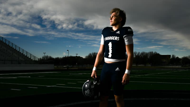 Corner Canyon’s Isaac Wilson, who was named Deseret News’ Mr. Football, poses for photos in Draper on Dec. 6, 2023.