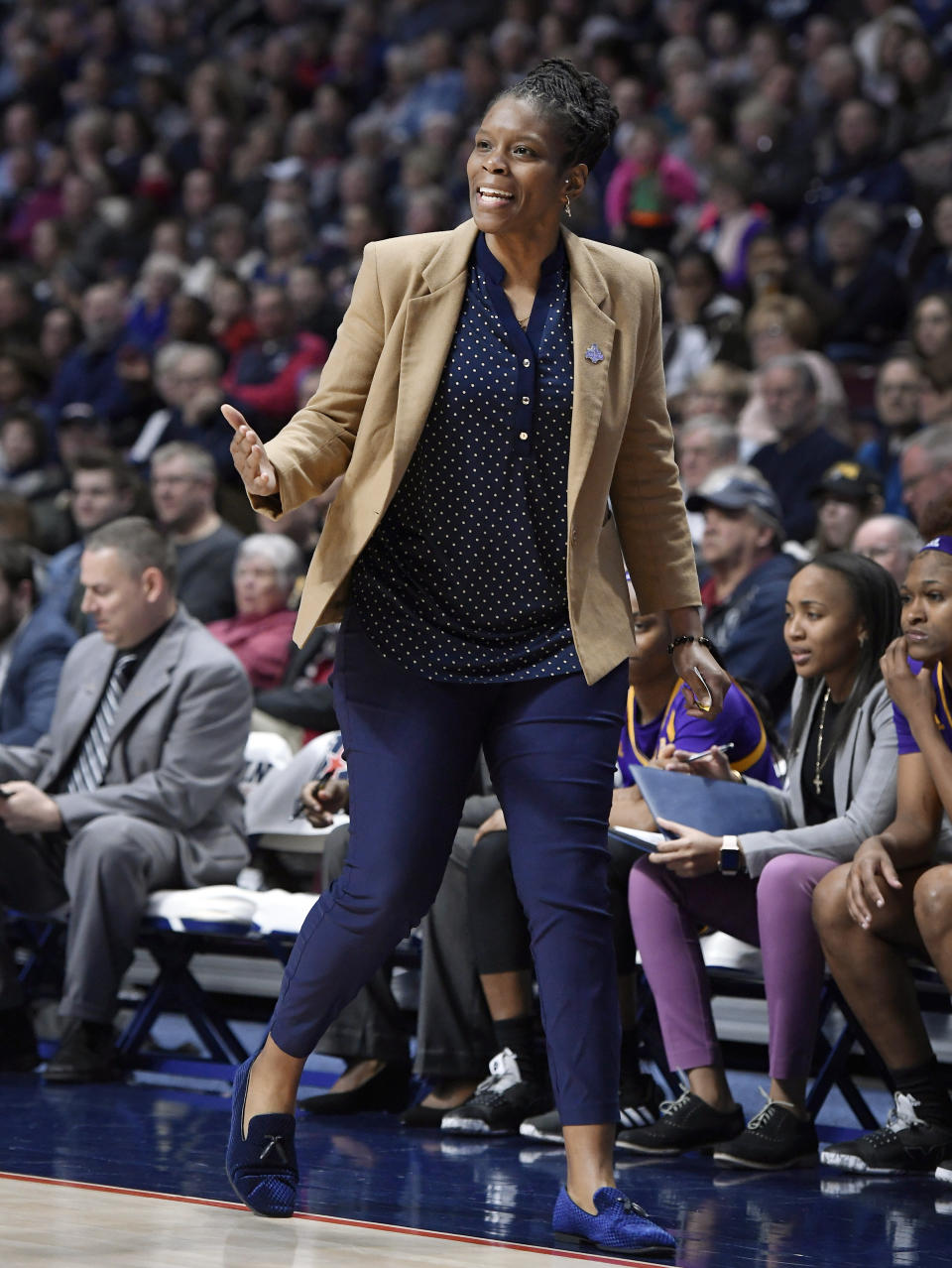 East Carolina acting head coach Nicole Mealing reacts during the first half of an NCAA college basketball game against Connecticut in the American Athletic Conference tournament quarterfinals, Saturday, March 9, 2019, at Mohegan Sun Arena in Uncasville, Conn. (AP Photo/Jessica Hill)