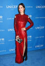 <p>Connelly was certainly hard to miss in this sequined red gown with shoulder cutouts and geometric flourishes. A black and white zebra-printed clutch and lace-up booties were the perfect accessories for this directional look.</p>