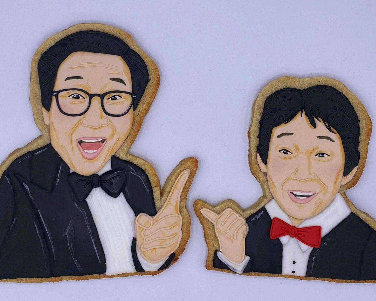 This undated photo provided by Jasmine Cho shows cookie portraits of Ke Huy Quan's roles from "Everything Everywhere All at Once" and "The Goonies," made by Cho, a "cookie activist" based in Pittsburgh. Quan's best supporting actor win and comeback story from childhood star of '80s flicks, coupled with Michelle Yeoh's historic win as the first Asian best actress winner ever had viewers of Asian descent shedding tears of happiness — and grinning. The "Everything Everywhere All at Once" co-stars bring the total number of Asians who have earned acting Oscars to just six in the awards' 95-year history. ( Jasmine Cho via AP)