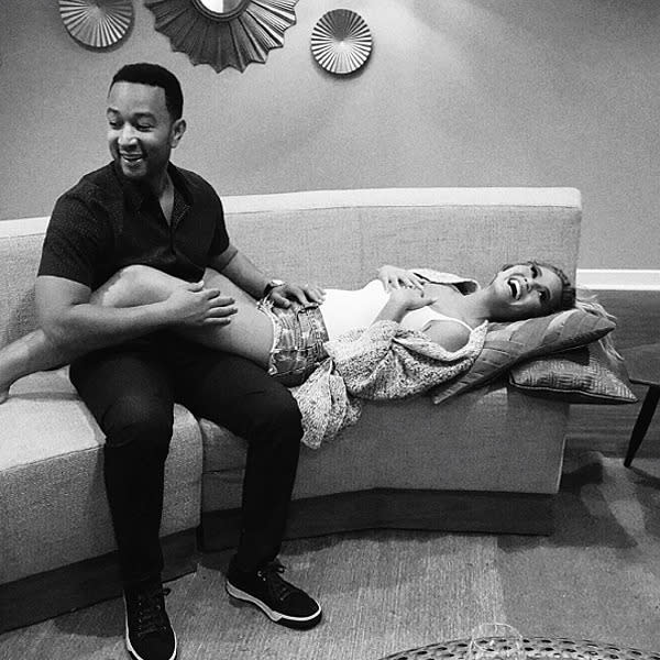 <p>After struggling to become pregnant (which she openly spoke about on FABlife), Chrissy Teigen took to Instagram to share her good news: She and husband John Legend are expecting! The couple opted for a sweet black-and-white photo that showed the pair smiling, with Legend resting his hand on his wife's growing baby bump.</p>