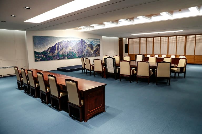 The meeting room for the upcoming inter-Korean summit at the border truce village of Panmunjom in the Demilitarized zone