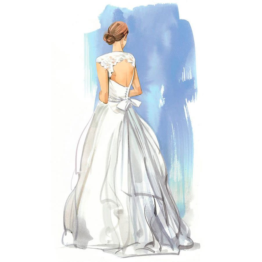 illustration; back view of a woman in a bridal gown