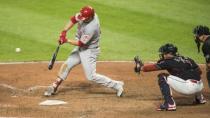 Jul 9, 2018; Cleveland, OH, USA; Cincinnati Reds right fielder Scott Schebler (43) hits a home run during the ninth inning against the Cleveland Indians at Progressive Field. Mandatory Credit: Ken Blaze-USA TODAY Sports