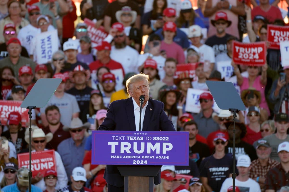 Former President Donald Trump speaks at a campaign rally at Waco Regional Airport Saturday, March 25, 2023, in Waco, Texas. (AP Photo/Nathan Howard)