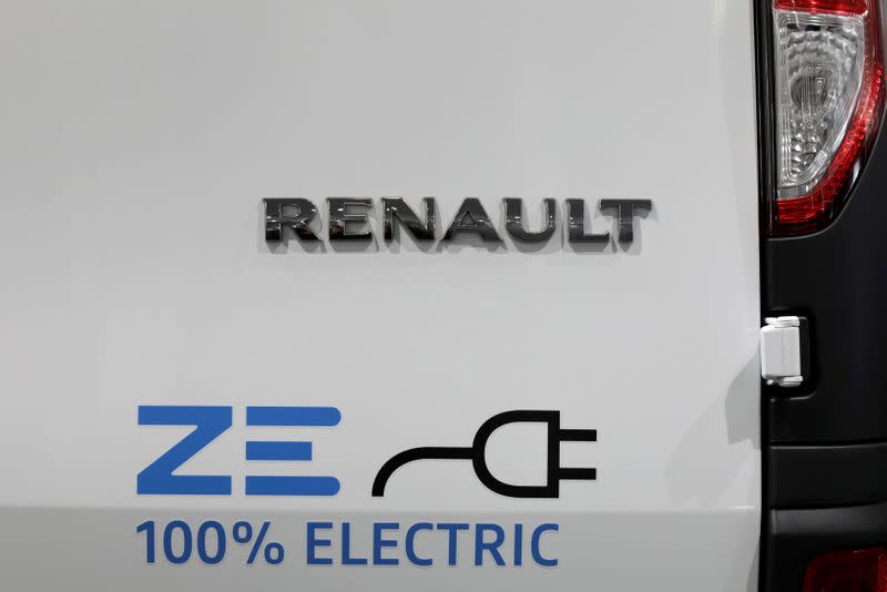 A 100% Electric logo is seen on a Renault Kangoo ZE electric utility vehicle at a Renault automobile dealership in Cagnes-Sur-Mer