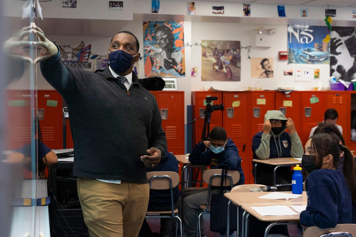 Joshua Joyce teaches his seventh grade students about primary and secondary sources at Democracy Prep Harlem Middle School on Dec. 15. Democracy Prep charter schools embrace anti-racism and prepare students to be active citizens.