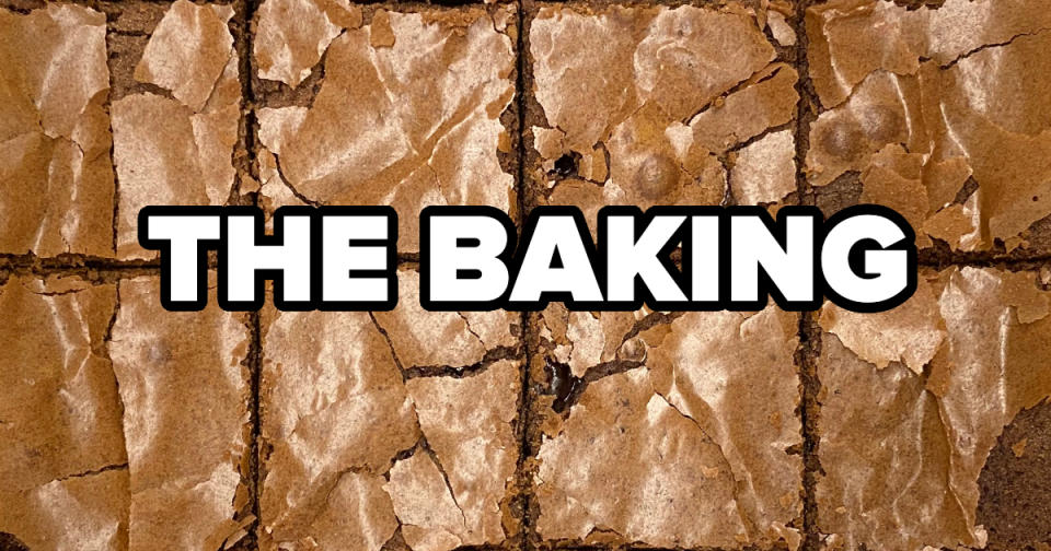 Close-up of freshly baked brownies with "THE BAKING" text overlay for an article