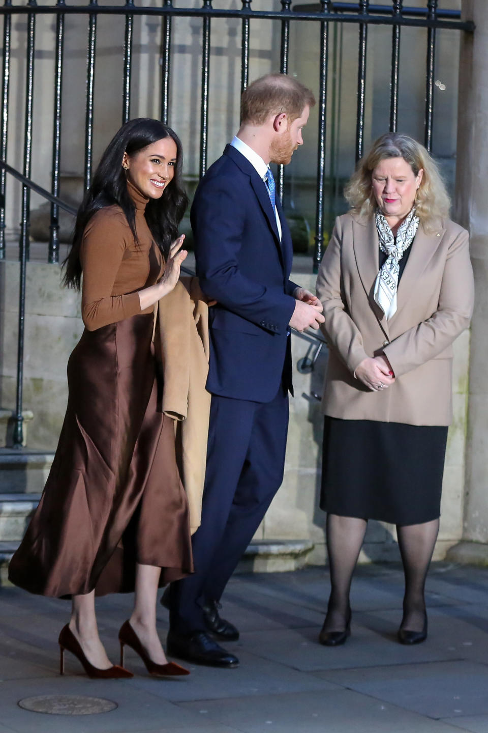 Prince Harry, Duke of Sussex and Meghan, Duchess of Sussex leave Canada House in London after thanking Canada's High Commissioner for Canada in the UK, Janice Charette (R) for the warm Canadian hospitality and support they received during their recent stay in Canada. (Photo by Steve Taylor / SOPA Images/Sipa USA)