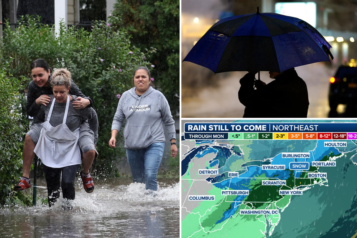 People wade through flooding at right; top right, umbrella seen out in the rain, bottom right, weather map