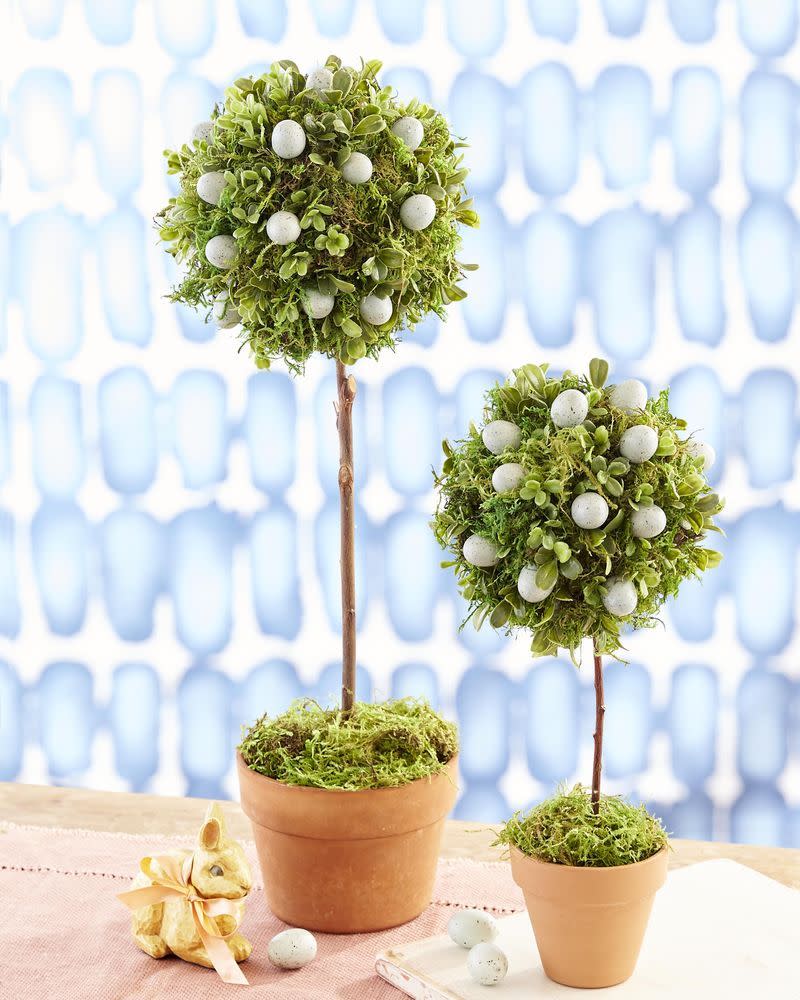 easter egg topiaries in terra cotta pots