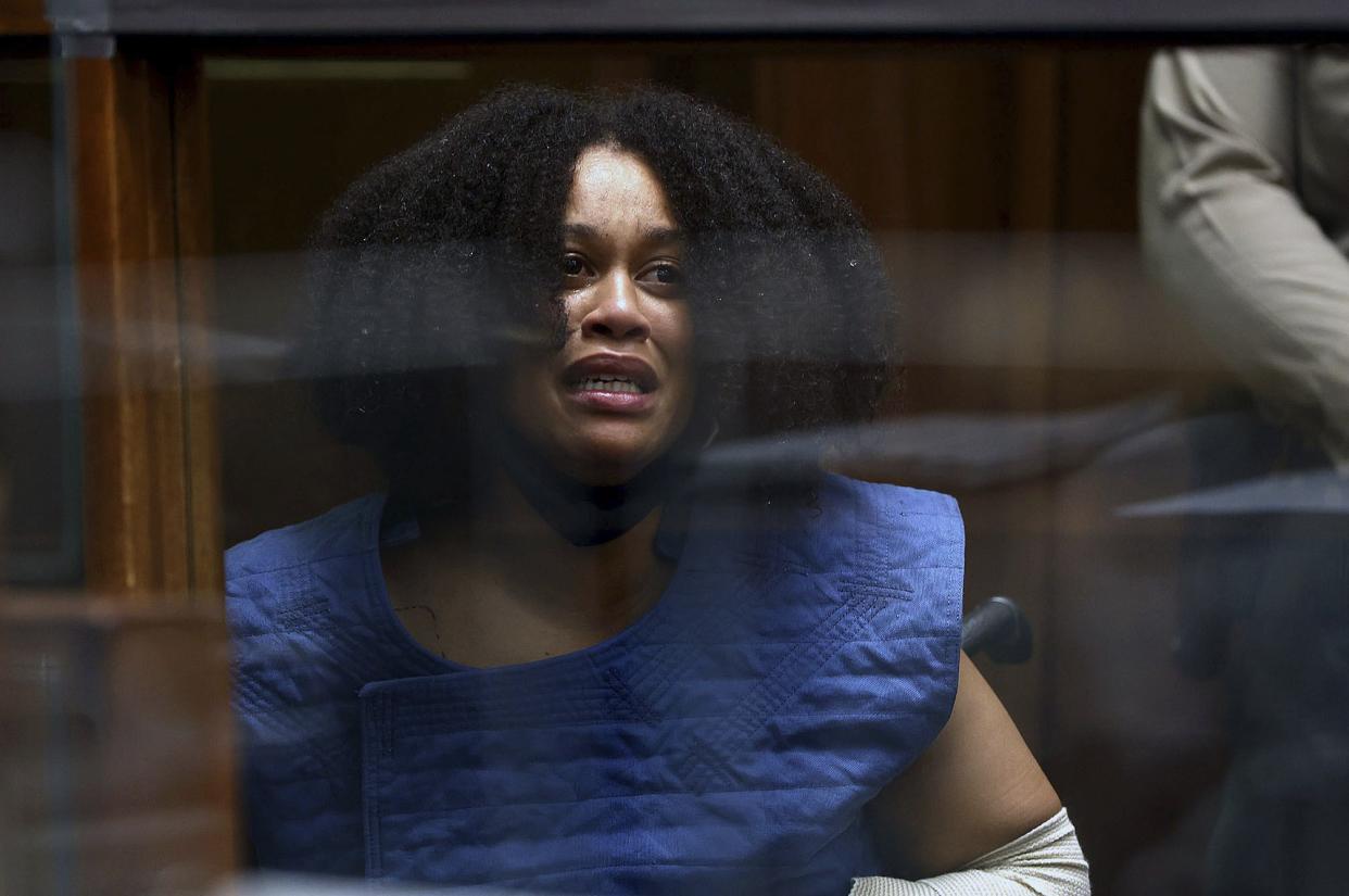 Nicole Linton appears in Los Angeles Superior Court for arraignment on murder charges stemming from a traffic accident, Monday, Aug. 8, 2022, in Los Angeles.