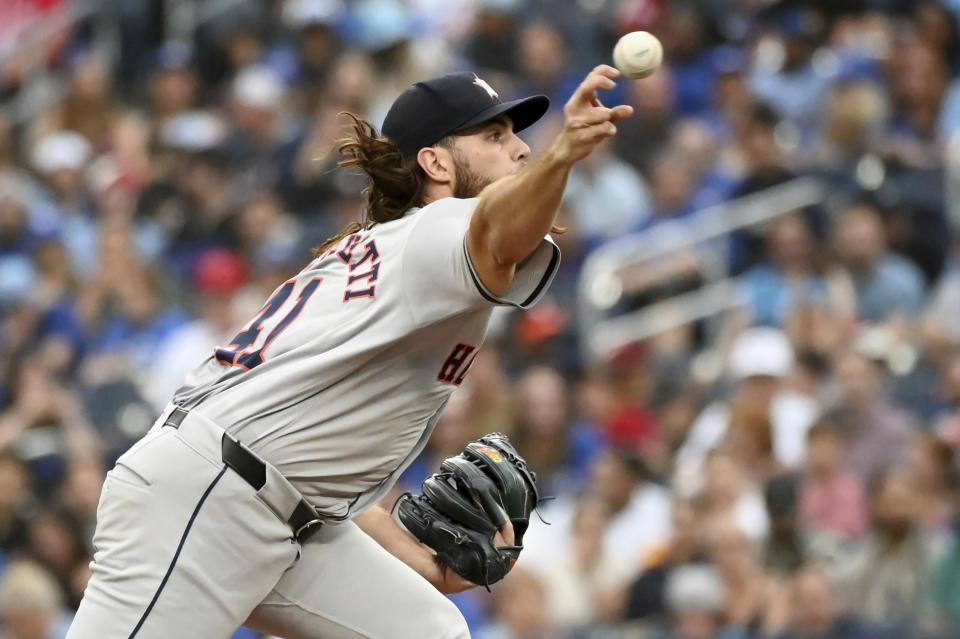 Houston Astros starting pitcher Spencer Arrighetti throws to a Toronto Blue Jays batter during the first inning of a baseball game, Tuesday, July 2, 2024, in Toronto. (Jon Blacker/The Canadian Press via AP)