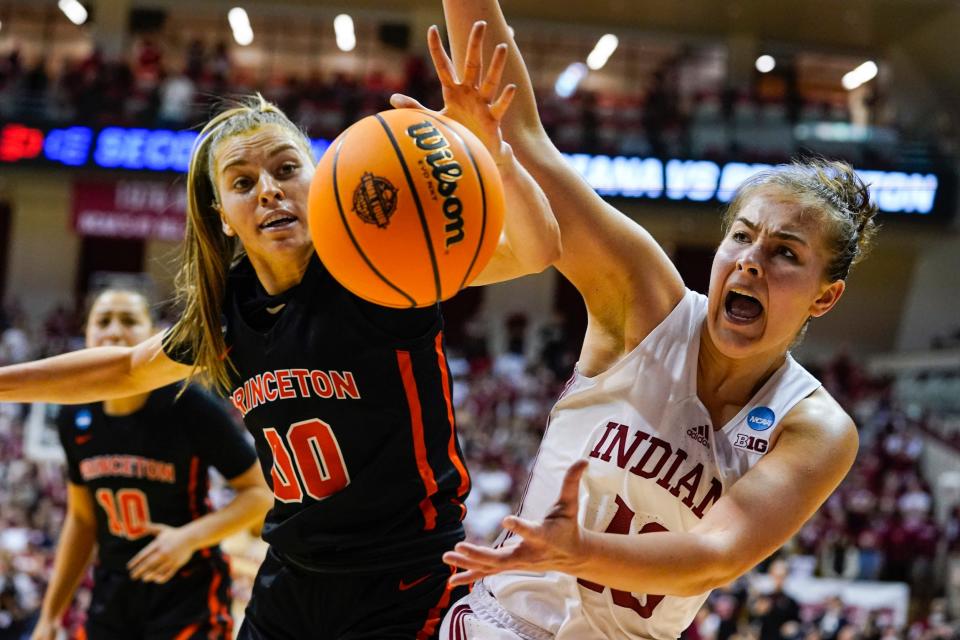 Princeton's Ellie Mitchell (left) and Indiana's Aleksa Gulbe battle for the ball.