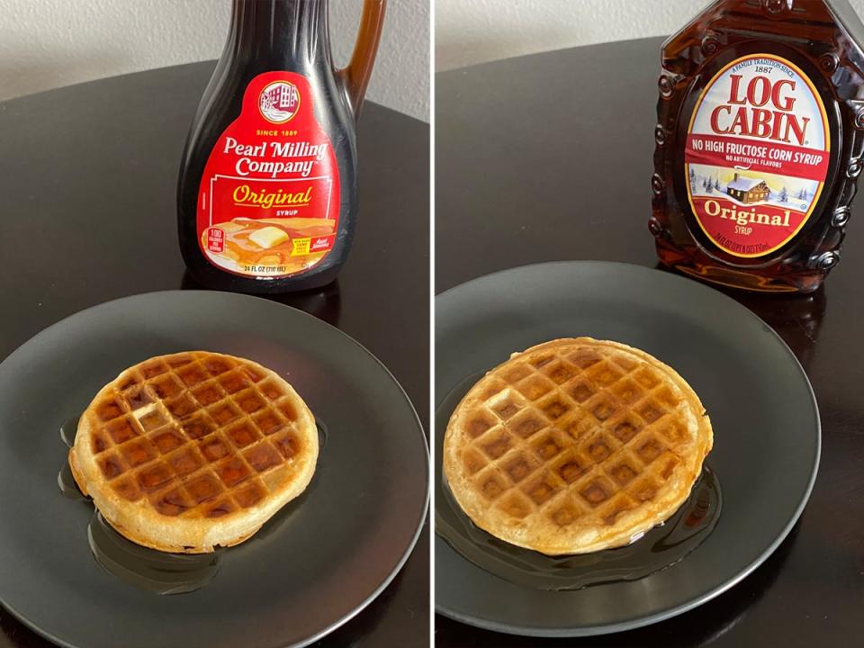 frozen waffle with pearl milling company syrup and frozen waffle with log cabin syrup