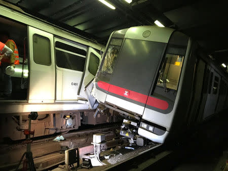 Mass Transit Railway (MTR) trains collide near Central station during signal system trial in Hong Kong, China March 18, 2019. MTR Corp/Handout via REUTERS