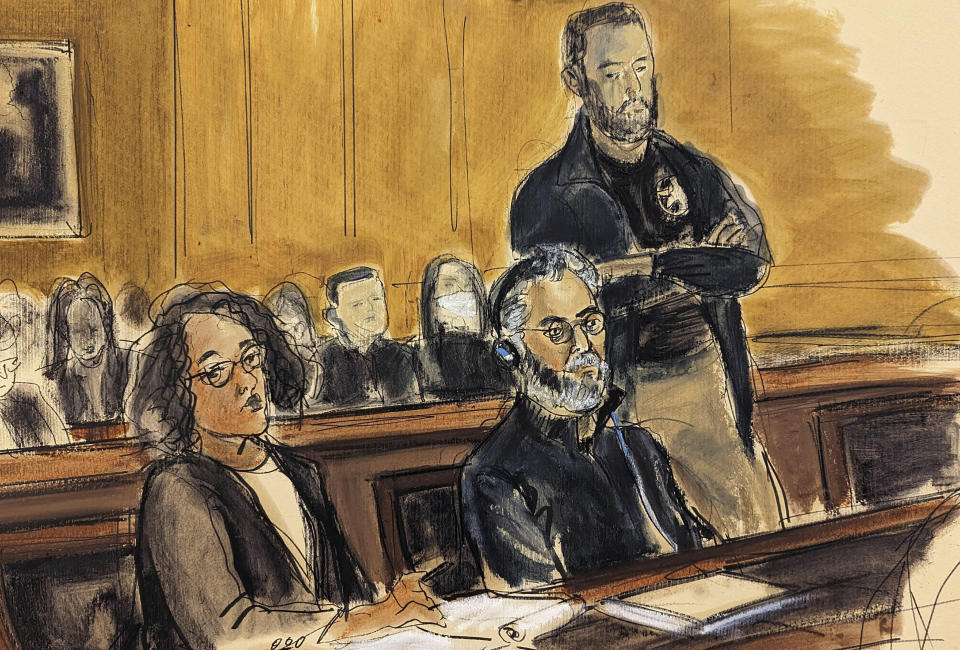 FILE - In this courtroom sketch, Guo Wengui, seated center, and his attorney, Tamara Giwa, left, appear in federal court in New York, March 15, 2023. Guo, who left China a decade ago and became a U.S.-based outspoken critic of his homeland's Communist Party, went on trial in New York on Wednesday for what prosecutors say were multiple frauds that cheated hundreds of thousands of people worldwide of over $1 billion. (AP Photo/Elizabeth Williams, File)