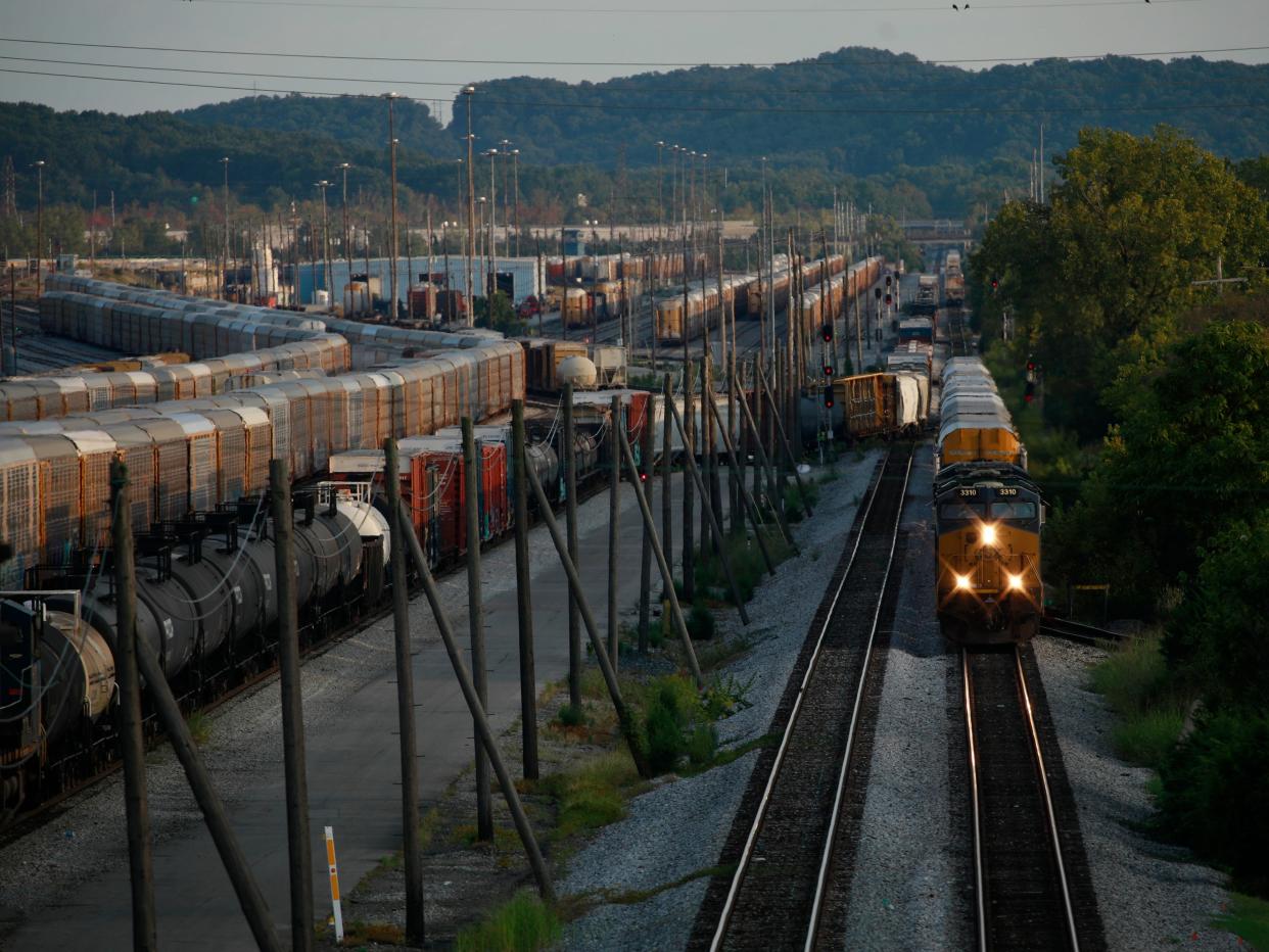 freight trains sit parked in a railroad yard ahead of a potential freight rail workers union strike in Louisville, Kentucky on Sept. 14, 2022.